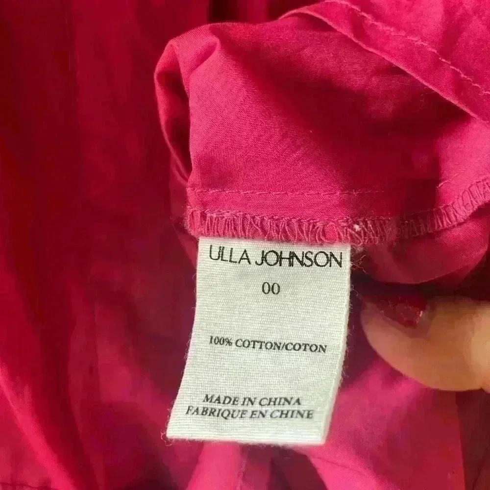 Ulla Johnson Peplum Hem Tie Magenta Puff Sleeves Cotton Blouse Size 00/0/2.